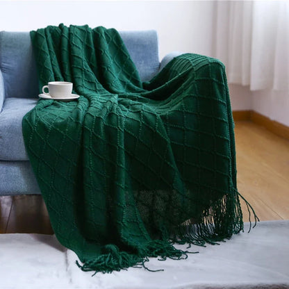 Nordic Knitted Crocheted Diamond Jacquard Throw Blanket with Tassels - 9 Colours