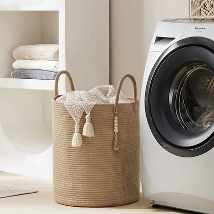 Handmade Round Woven Cotton Rope Foldable Basket with Handles - Beige & White