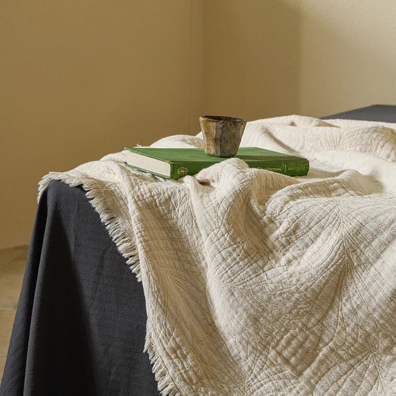 Pure Muslin Cotton Throw with Decorative Pattern & Tassels - White, Beige, Grey & Pink