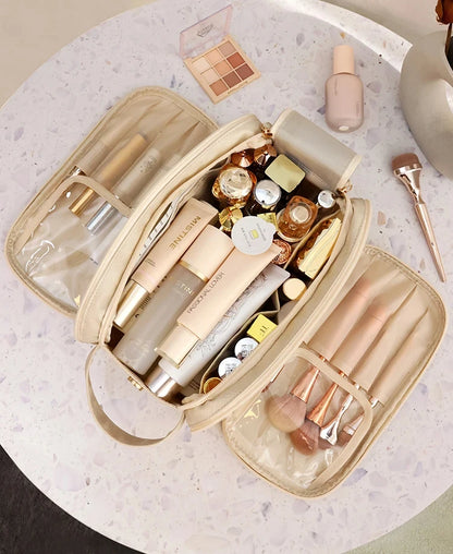 Large Capacity PU Leather Makeup Bag – Portable Double Zipper Travel Cosmetic & Toiletry Organizer for Women