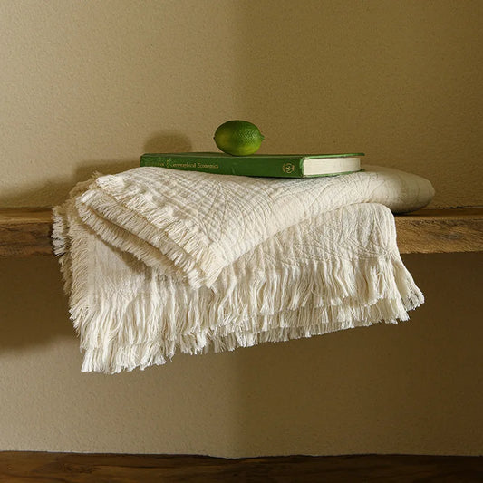 Pure Muslin Cotton Throw with Decorative Pattern & Tassels - White, Beige, Grey & Pink