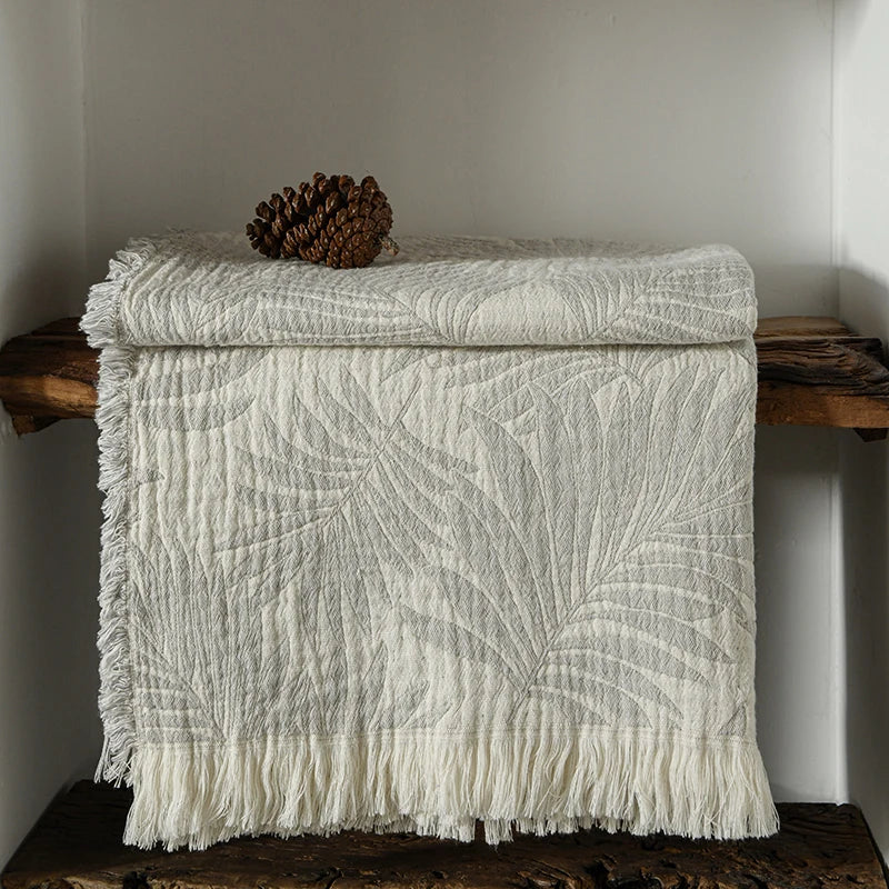 Pure Muslin Cotton Throw with Decorative Pattern & Tassels - White, Beige, Grey & Pink