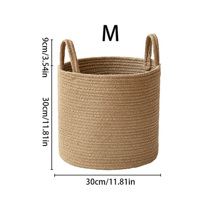 Handmade Round Woven Cotton Rope Foldable Basket with Handles - Beige & White