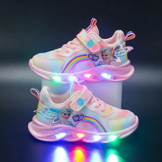 Disney Girls' LED Light-Up Sneakers – Breathable Princess Elsa Sports Shoes (Size 22–35)
