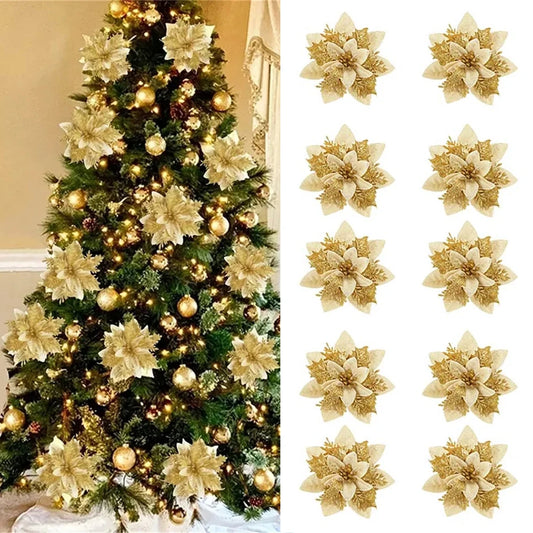 5/10pcs Glitter Poinsettia Christmas Flowers – Red, Pink & Gold Artificial Tree Ornaments for Holiday Home Décor