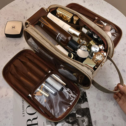 Large Capacity PU Leather Makeup Bag – Portable Double Zipper Travel Cosmetic & Toiletry Organizer for Women