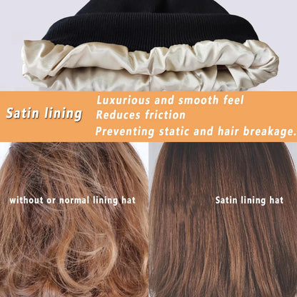 Unisex Satin-Lined Beanie Hat – Anti-Static Silk Lining Warm Knit Skull Cap for Winter & Hair Protection