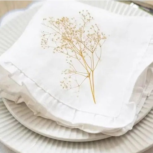 Set of 4 Flounced Cotton Ruffle Napkins & Placemats - White, Grey & Beige