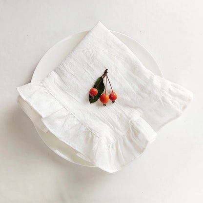 Set of 4 Flounced Cotton Ruffle Napkins & Placemats - White, Grey & Beige