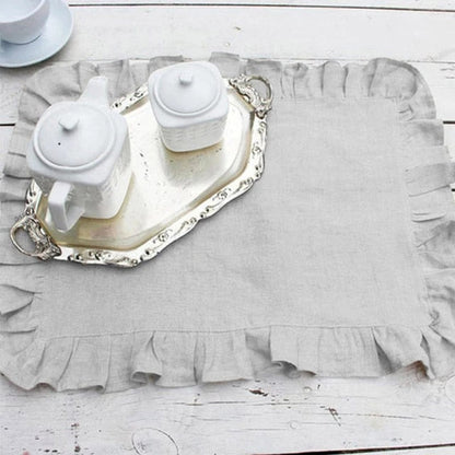 Set of 4 Flounced Cotton Ruffle Napkins & Placemats - White, Grey & Beige