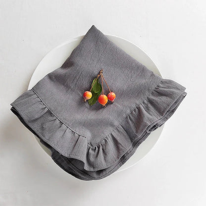 Set of 4 Flounced Cotton Ruffle Napkins & Placemats - White, Grey & Beige