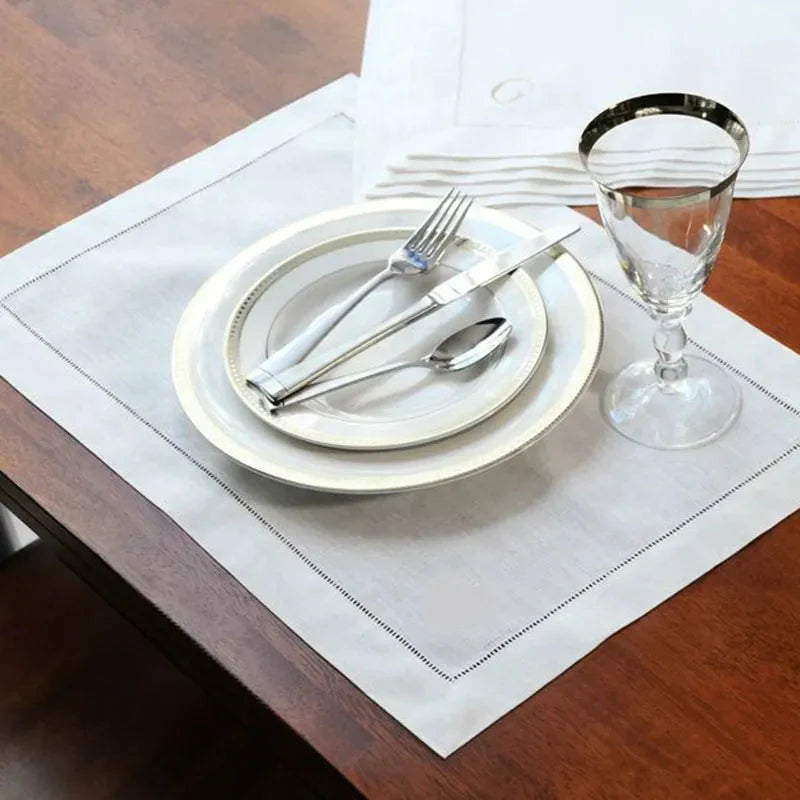 Set of 6 Hemstitch Cotton & Linen Napkins & Table Placemats - White & Khaki