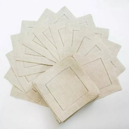 Set of 6 Hemstitch Cotton & Linen Napkins & Table Placemats - White & Khaki