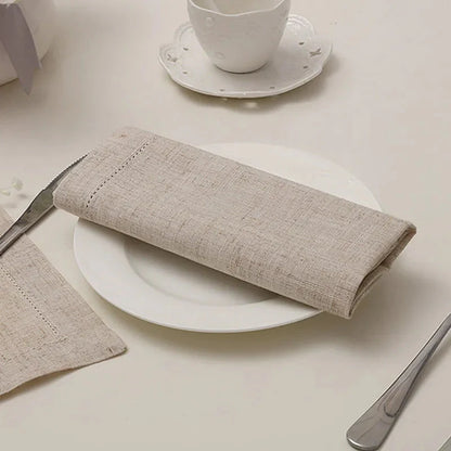 Set of 6 Hemstitch Cotton & Linen Napkins & Table Placemats - White & Khaki