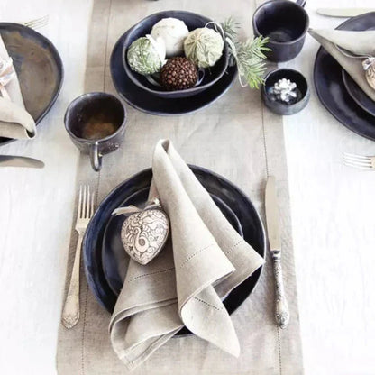 Set of 6 Hemstitch Cotton & Linen Napkins & Table Placemats - White & Khaki