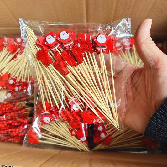 50pcs Christmas Fruit & Dessert Sticks – Bamboo Party Picks with Snowflake, Tree, Elk, Santa & Snowman Designs