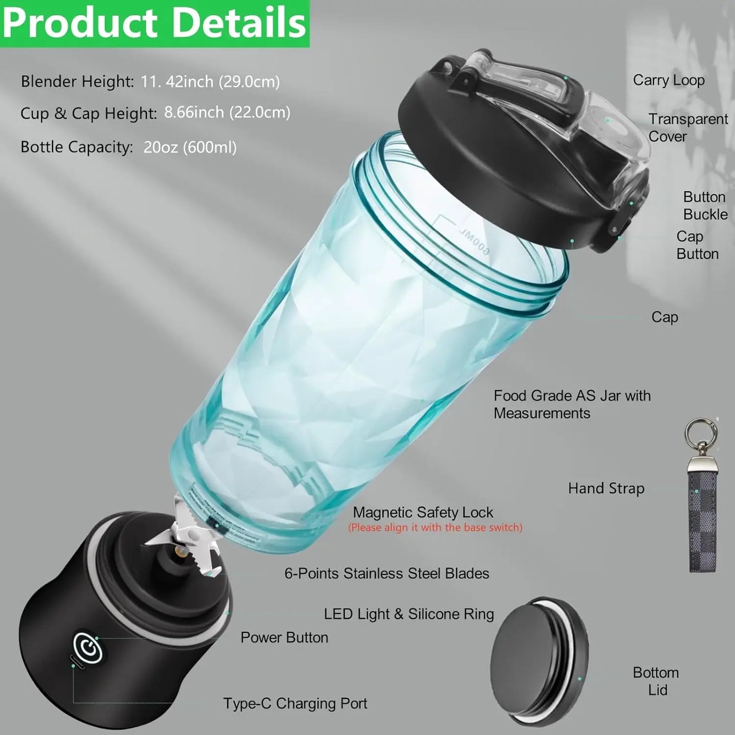 Portable Cordless Blender – 18oz Rechargeable Smoothie Maker with Leakproof Lid