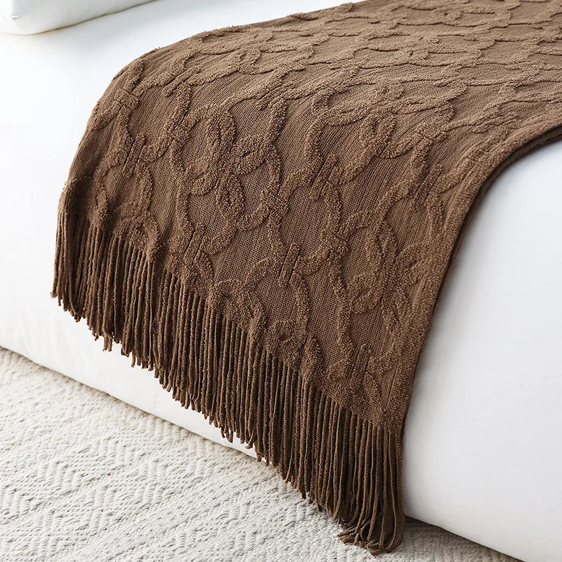 Large Knitted Jacquard Blanket Throw - White, Grey, Brown & Terracotta