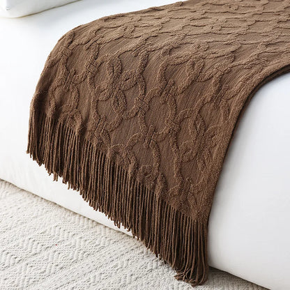 Large Knitted Jacquard Blanket Throw - White, Grey, Brown & Terracotta