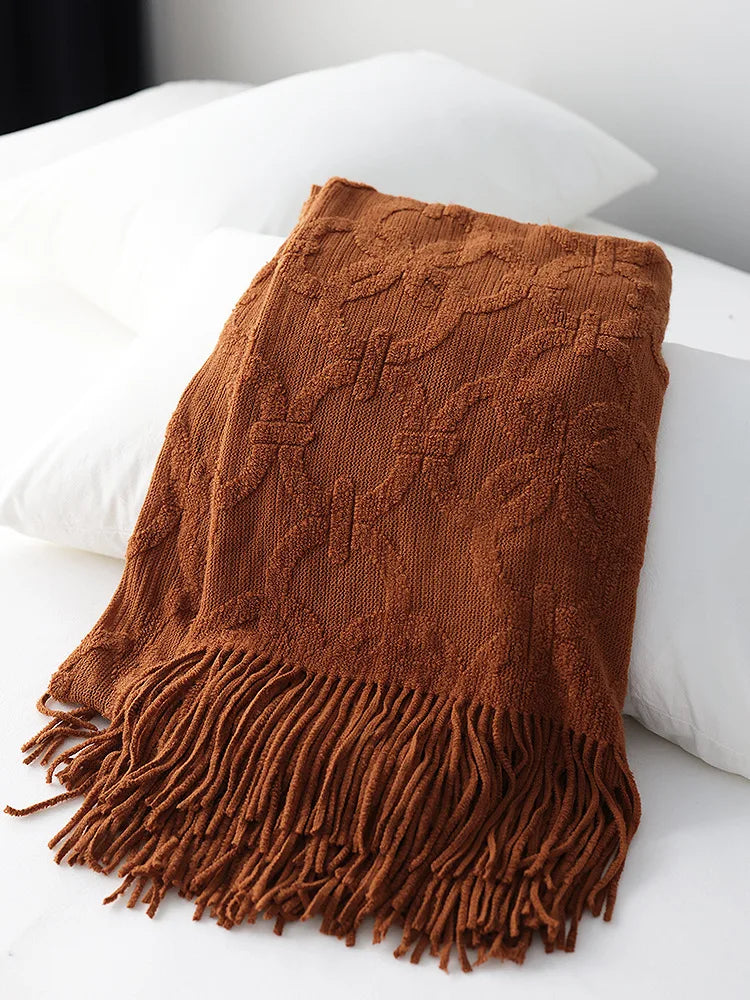 Large Knitted Jacquard Blanket Throw - White, Grey, Brown & Terracotta