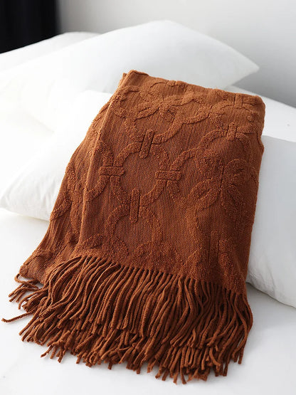 Large Knitted Jacquard Blanket Throw - White, Grey, Brown & Terracotta
