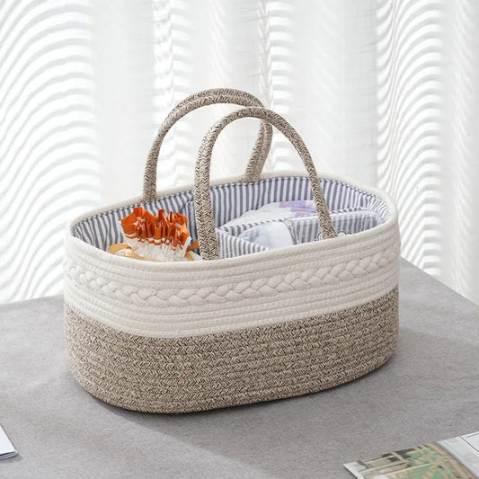 Multifunctional Cotton Nappy Caddy Storage Basket with Handles - Beige, Grey & Brown