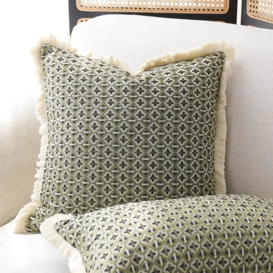 Modern Decorative Green Jacquard Geometric Cushion Cover with Frill - 3 Sizes
