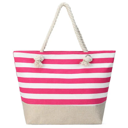 Summer Canvas Striped Tote Bag – Large Beach Shoulder Bag with Zipper for Travel & Swimming