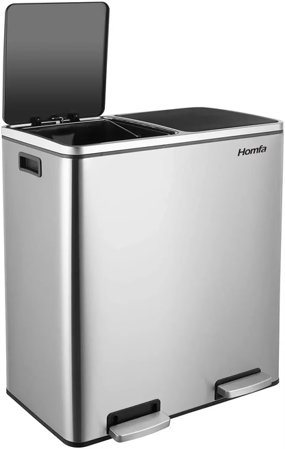 Sleek Brushed Stainless Steel 60L Dual Compartment Hands-Free Recycling Trash Can with Soft-Close Lid - Perfect for Your Kitchen!