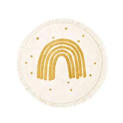 Soft White Play Mat For Children's Room with Rainbow & Tassel Detail - Yellow, Blue & Pink