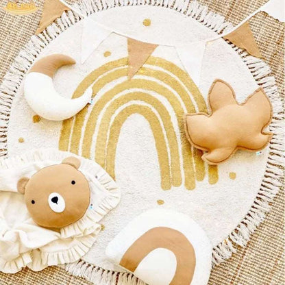 Soft White Play Mat For Children's Room with Rainbow & Tassel Detail - Yellow, Blue & Pink