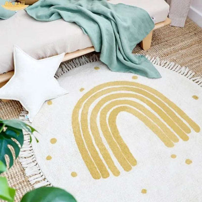 Soft White Play Mat For Children's Room with Rainbow & Tassel Detail - Yellow, Blue & Pink