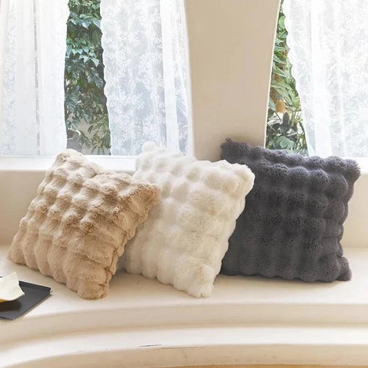 Super Soft Fluffy Luxury Rabbit Faux Fur Wave Cushion Cover - Ivory, Beige & Grey