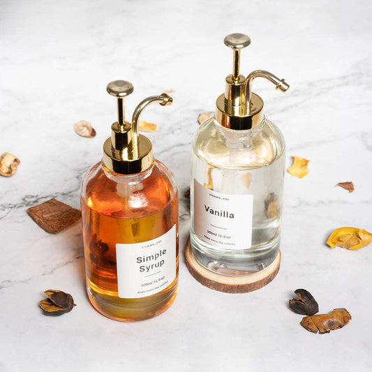 Syrup & Soap Dispenser Set with Bamboo Tray & Labels - Set of 2