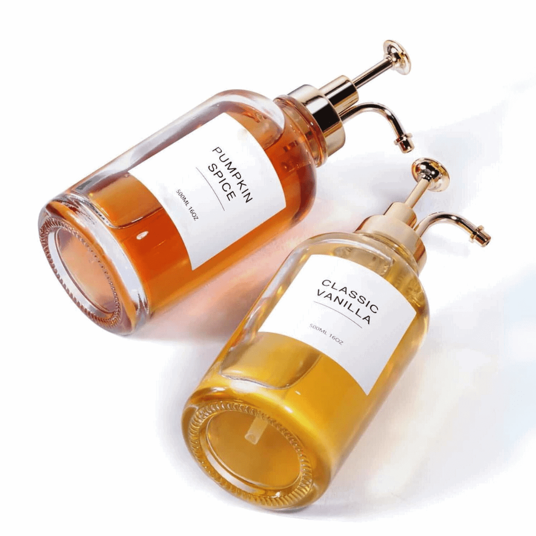 Syrup & Soap Dispenser Set with Bamboo Tray & Labels - Set of 2
