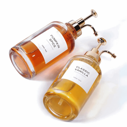 Syrup & Soap Dispenser Set with Bamboo Tray & Labels - Set of 2
