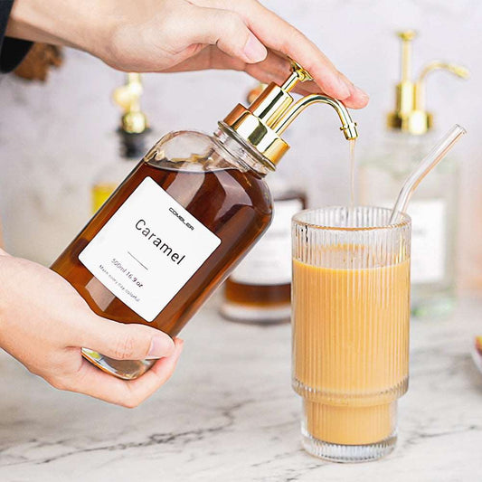 Syrup & Soap Dispenser Set with Bamboo Tray & Labels - Set of 2