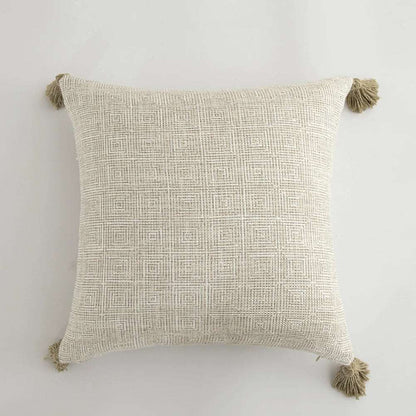 Traditional Beige & Checkered Decorative Cushion Covers with Tassel Detail - 2 Sizes