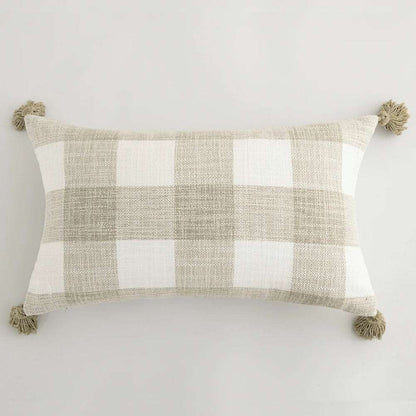 Traditional Beige & Checkered Decorative Cushion Covers with Tassel Detail - 2 Sizes