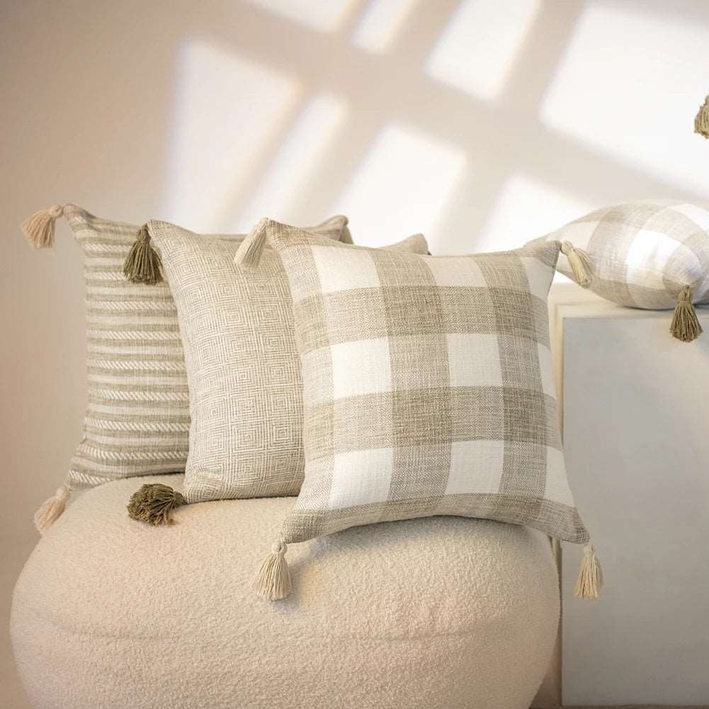 Traditional Beige & Checkered Decorative Cushion Covers with Tassel Detail - 2 Sizes
