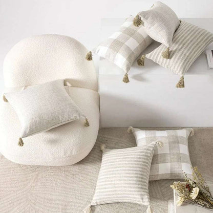 Traditional Beige & Checkered Decorative Cushion Covers with Tassel Detail - 2 Sizes
