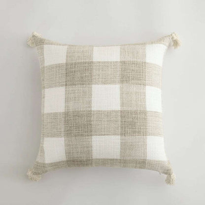 Traditional Beige & Checkered Decorative Cushion Covers with Tassel Detail - 2 Sizes