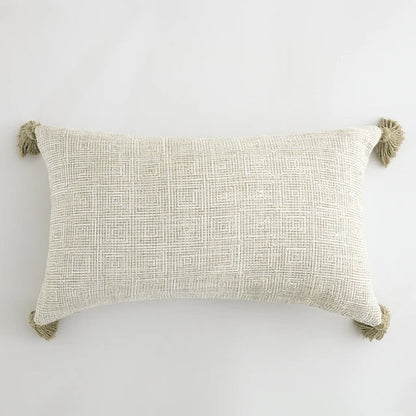 Traditional Beige & Checkered Decorative Cushion Covers with Tassel Detail - 2 Sizes