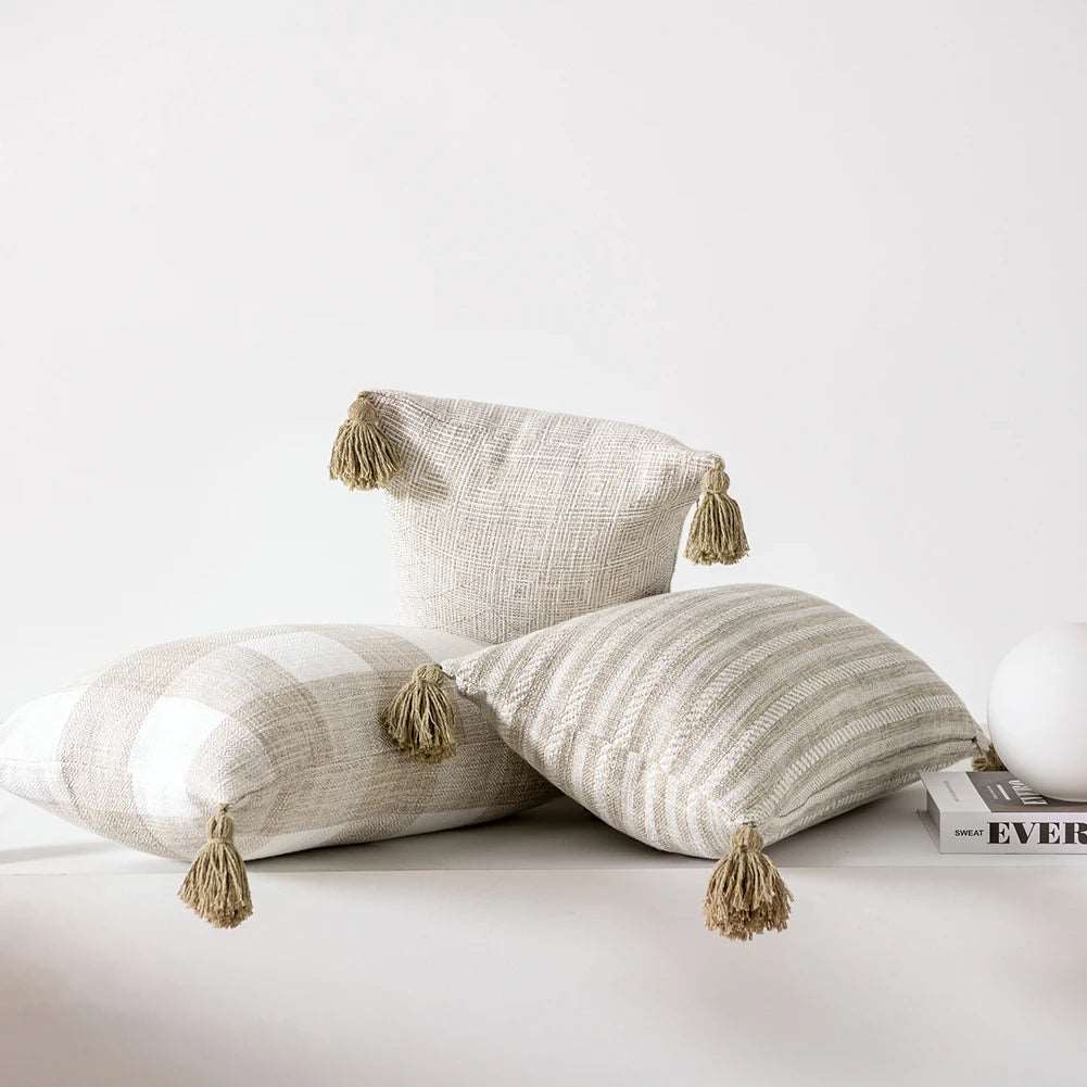 Traditional Beige & Checkered Decorative Cushion Covers with Tassel Detail - 2 Sizes