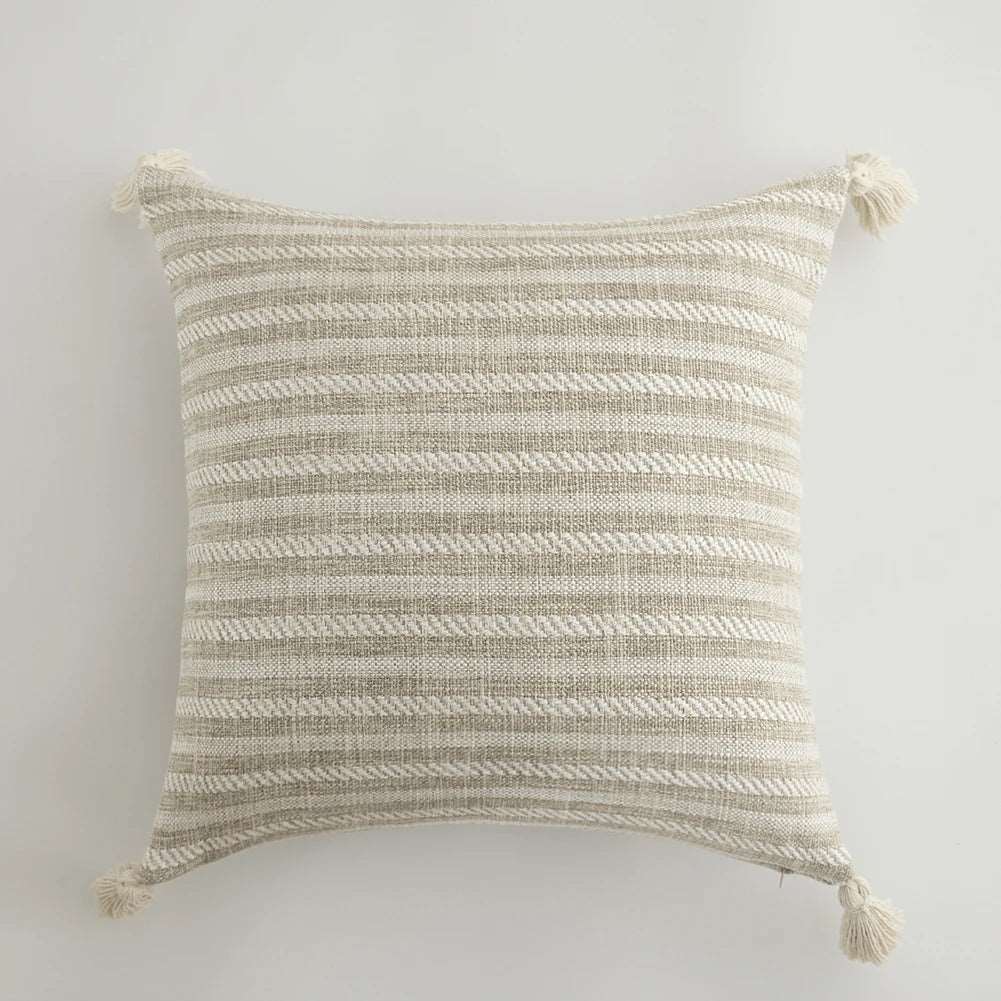 Traditional Beige & Checkered Decorative Cushion Covers with Tassel Detail - 2 Sizes