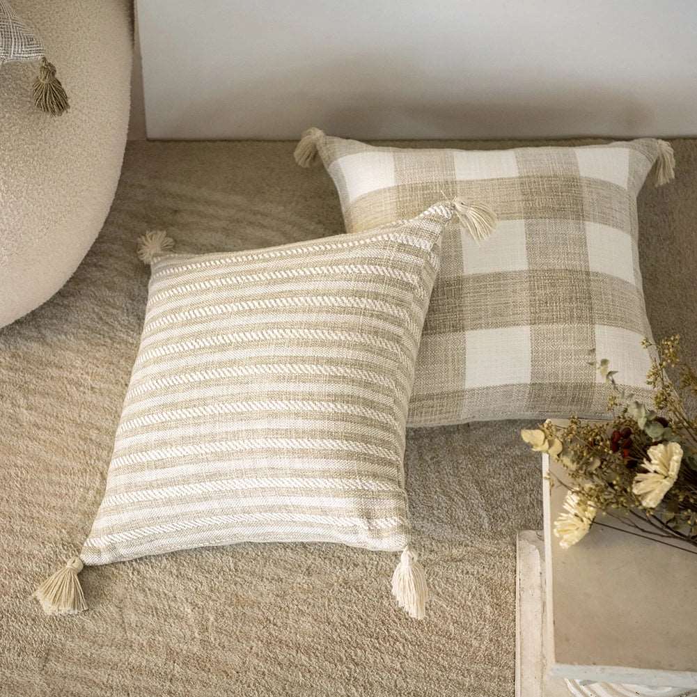 Traditional Beige & Checkered Decorative Cushion Covers with Tassel Detail - 2 Sizes