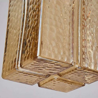 Traditional Hammered Square Glass Hanging Pendant Light - Clear & Amber