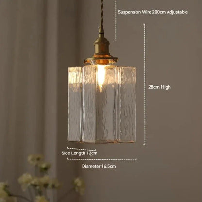 Traditional Hammered Square Glass Hanging Pendant Light - Clear & Amber