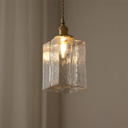 Traditional Hammered Square Glass Hanging Pendant Light - Clear & Amber