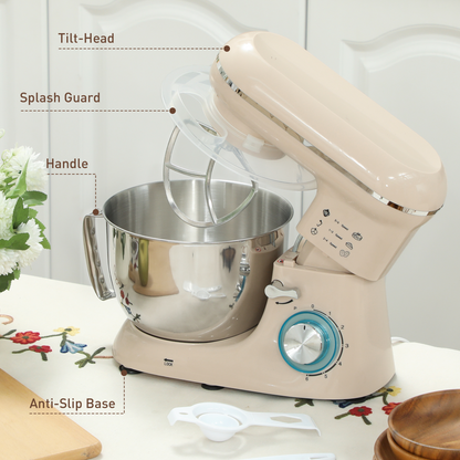 Electric Stand Mixer, 4.5L Food Mixer with Dough Hook, Whisk, Beige